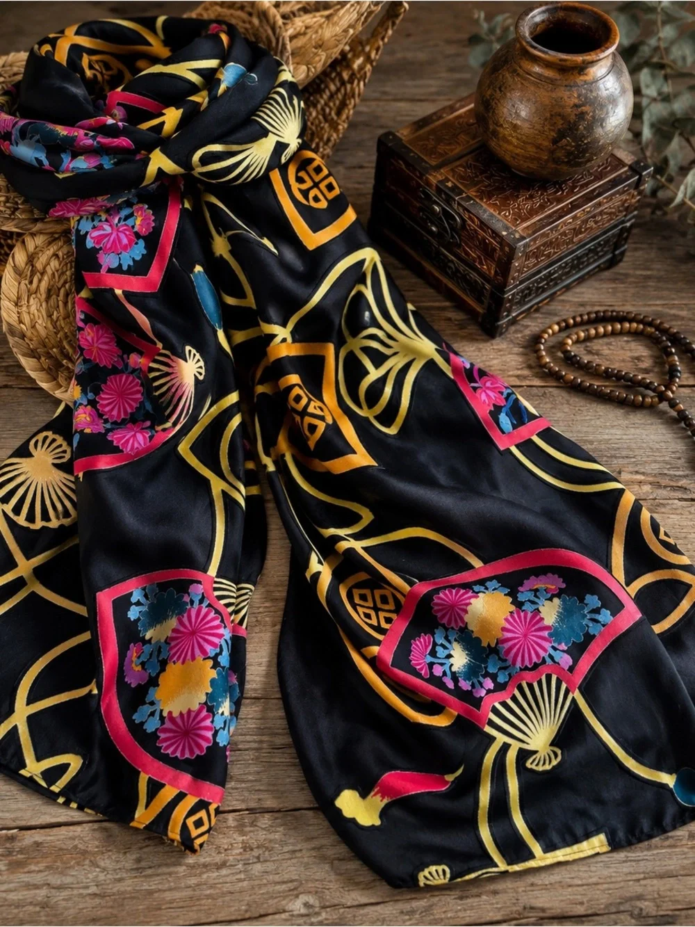 CHICOS Reversible Silk Rayon Scarf Wrap Black Floral Fan Print 13.5”x68”